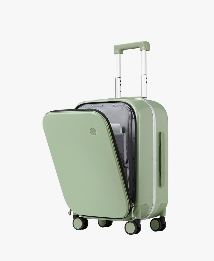 mixi Carry On Luggage, 20'' Suitcase with Front Laptop Pocket, Travel Rolling Luggage Aluminum Frame PC Hardside with Spinner Wheels & TSA Lock and Cover - Avocado Green