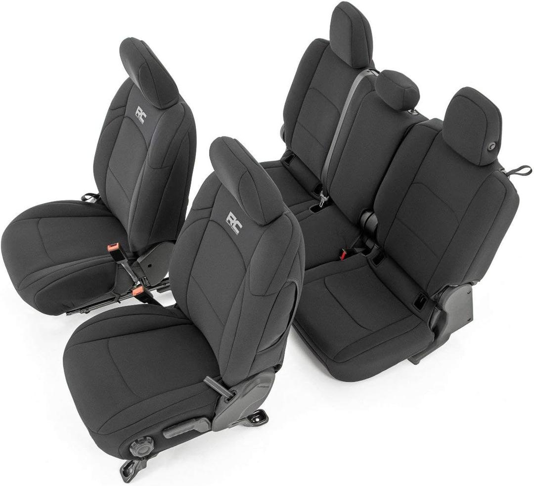 Rough Country Neoprene Seat Covers for Jeep Gladiator JT (2020-2025) w/Factory Cloth Seats & No Cup Holder - Waterproof & UV Resistant, Foam Padded, Front & Rear Seat Cover Set