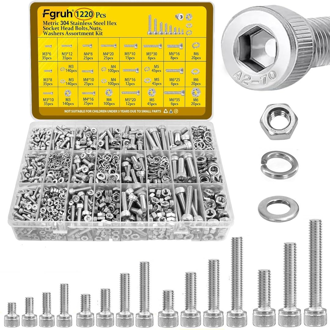 1220PCS M3 M4 M5 M6 Metric Screws Assortment Kit,Hex Socket Head Cap Bolts Nuts and Washers Assorted Kit,304 Stainless Steel Hardware Set for DIY, 3D Printer