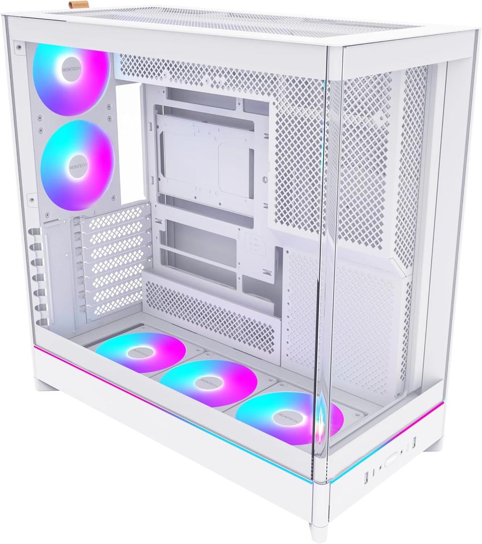 MONTECH HS02 PRO, ATX Mid-Tower PC Case, Gaming PC, High-Airflow, Reversible Layout, Sturdy Curved Tempered Glass Front Panel, 5x ARGB PWM Fan Pre-Installed, Sink-in Design, Toolless Panels, White, US