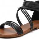 Youngshow Women's Gladiator Sandals, Criss-Cross Strappy Flat Sandals with Back Zipper, Open Toe Bohemian Summer Casual Shoes for Beach Travel (Black) Size 7