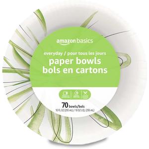 Amazon Basics Everyday Disposable Paper Bowls, 10 oz, Microwave Safe, Soak Proof, White, 70 Count