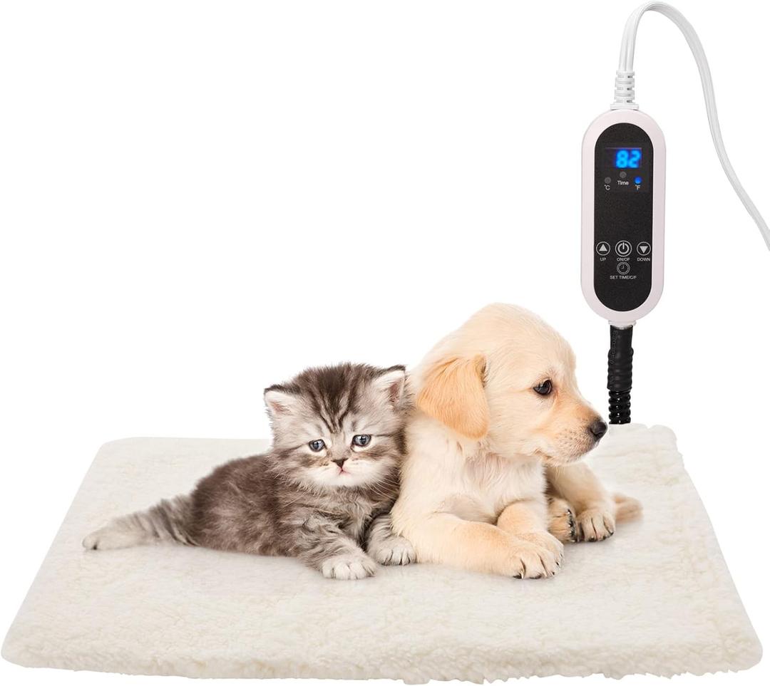 Pet Heating Pad, LED Real-Time Display of Heating Pad Temperature ,Heated Bed for Dogs Cats, Preset temperature and time, with Includes Soft Washable Fleece cover17 X 18"