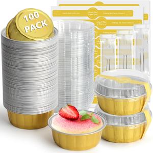 Ruckae 100 PCS 8 oz Round Mini Baking Cups with Lids,Mini Loaf Pans with Lids,Disposable Aluminum Foil Ramekins Baking Cups for Birthday Party Weddings (Gold, 8oz)