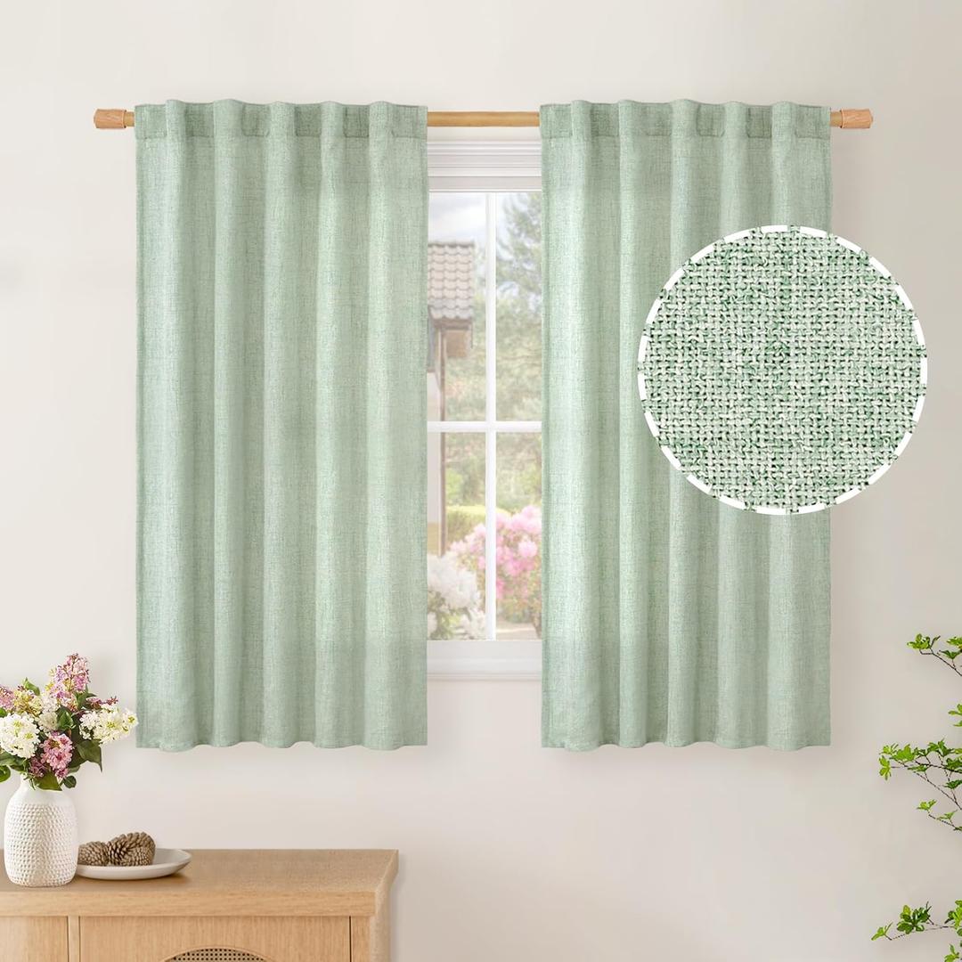 BGment Short Linen Curtains 40 Inch Length for Window, Rod Pocket Sage Textured Drapes Light Filtering Privacy for Kitchen Bedroom Cafe Back Tab, 2 Panels, 42 Inch Wide Each Panel