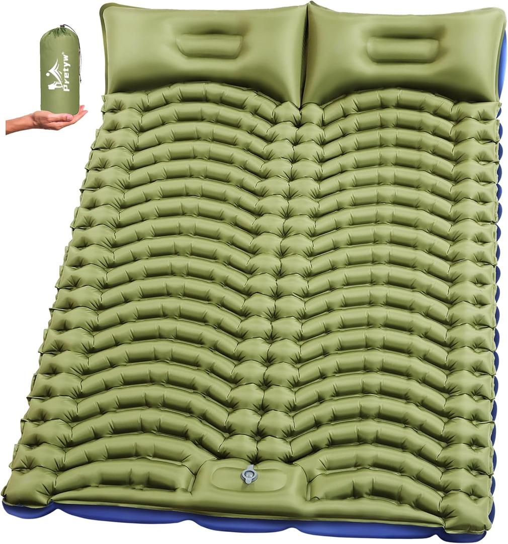 Double Sleeping Pad for Camping - Ultralight Camping Mattress with Pillow, Built-in Foot Pump, Compact Inflatable 2-Person Portable Mat for Backpacking, Hiking, Car Traveling, Beach, Tent (Full, Grass Green)