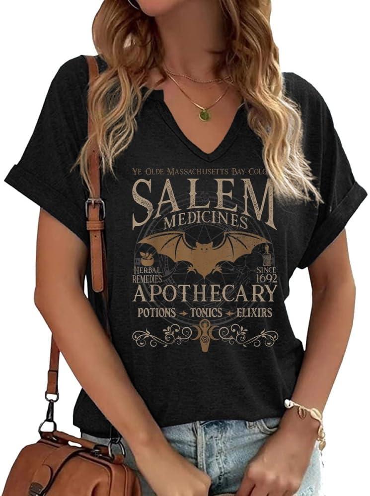 Womes Salem Apothecary V Neck Shirt Fall Halloween Witches Graphic Short Sleeve Tee Salem 1692 Holiday Family Matching Autumn Tops(M, H-Black)