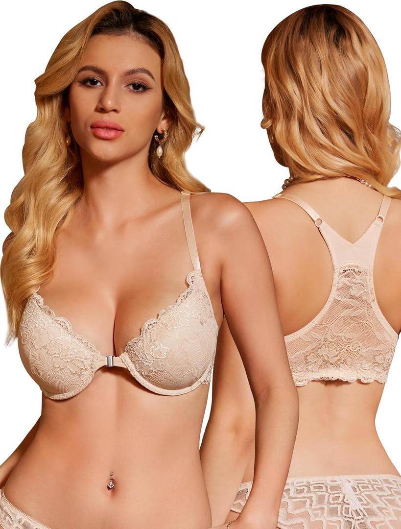 Front Clasp Lace Bra Underwire Lightly Padded Demi Bras (36B, Nude)
