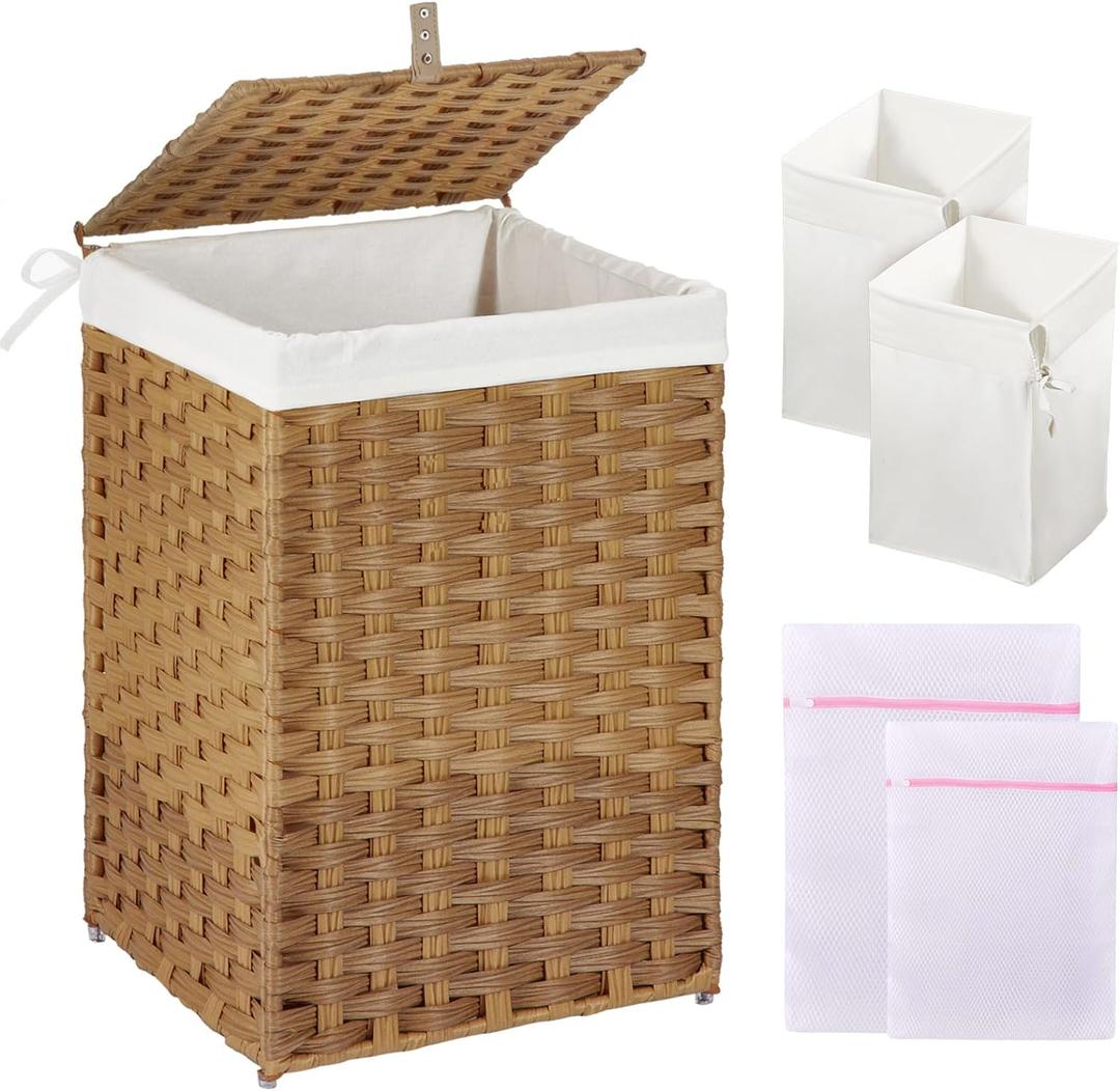 GREENSTELL Laundry Hamper with Lid, 60L Clothes Hamper with 2 Removable Liner Bags & 2 Mesh Laundry Bags, Handwoven Synthetic Rattan Laundry Basket for Clothes, Toys in Bathroom, Bedroom Natural (60L (13.4 x 13.4 x 21.7 inches)) GREENSTELL Laundry Hamper with Lid, 60L Clothes Hamper with 2 Removable Liner Bags & 2 Mesh Laundry Bags, Handwoven Synthetic Rattan Laundry Basket for Clothes, Toys in Bathroom, Bedroom Natural (60L (13.4 x 13.4 x 21.7 inches))