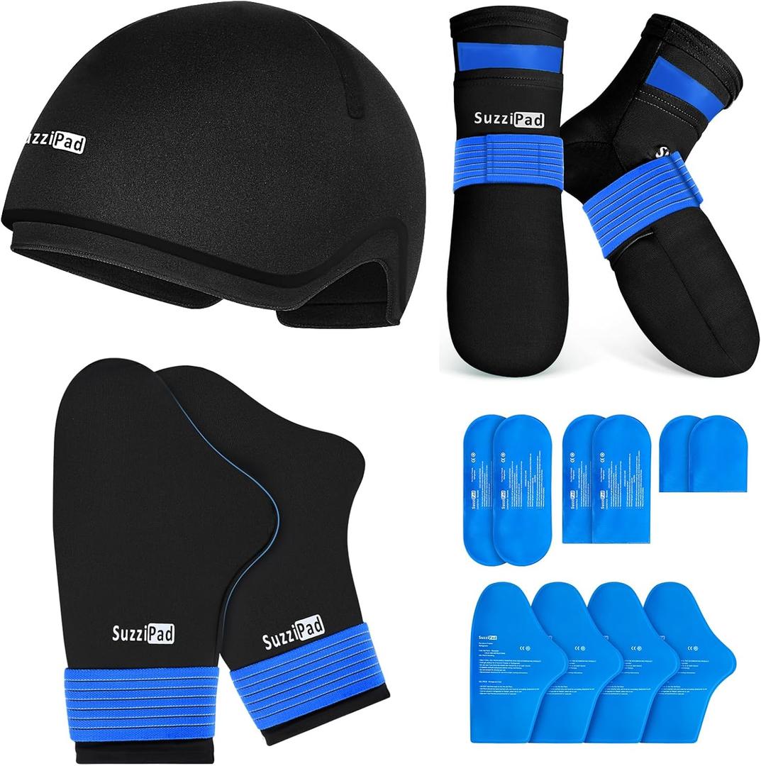 SuzziPad Ice Pack Stress Relief Cap & Cooling Socks & Cold Gloves for Chemotherapy, Comfort Items for Chemo Patients, Smoothe discomfort for feet, Head and Hand, L