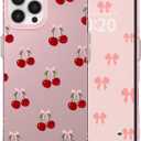 for iPhone 16 Pro Case Cute Ribbon Bow Cherry Aesthetic Pattern Case for Women Girls, Girly Trendy Glossy Slim Shockproof Protective Bumper Cover, Big Cherries/Pink