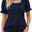 Womens Summer Tops Puff Short Sleeve Cute T Shirts Dressy Casual Square Neck Blouses Clothes (Blue, XL)