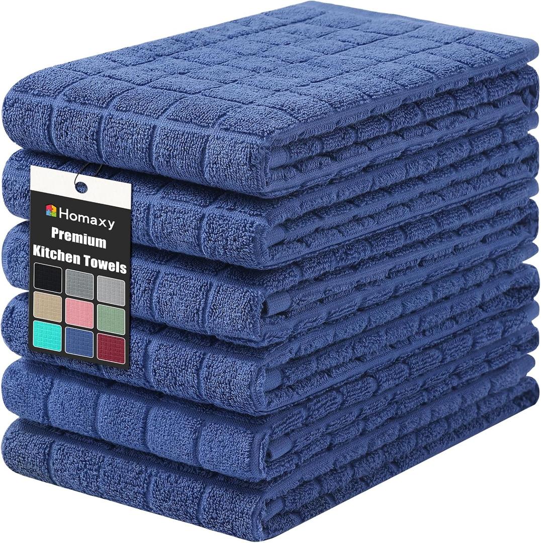 Homaxy Premium Cotton Kitchen Towels 16"x 28", Large Natural Ring Spun 390 GSM Dish Towels, Super Absorbent Terry Kitchen Hand Towels, Soft Tea Towels with Hanging Loop, Pure Navy Blue Design, 6 Pack