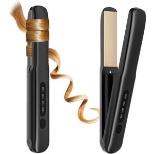 Cordless Hair Straightener and Curler 2 in 1, Titanium Flat Iron with Fast Heating, 4 Adjustable Temperature, Rechargeable Straightener for All Hair Types, Portable Styler for Travel (Black)