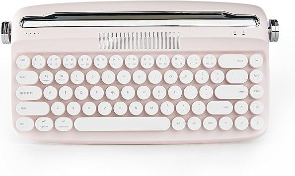 YUNZII Upgraded Wireless Typewriter Keyboard, Retro Aesthetic with Integrated Stand, Cute Round Keycaps, USB-C/Bluetooth Connection for Table, Phone, PC and Win/Mac/Android (B307, Baby Pink)