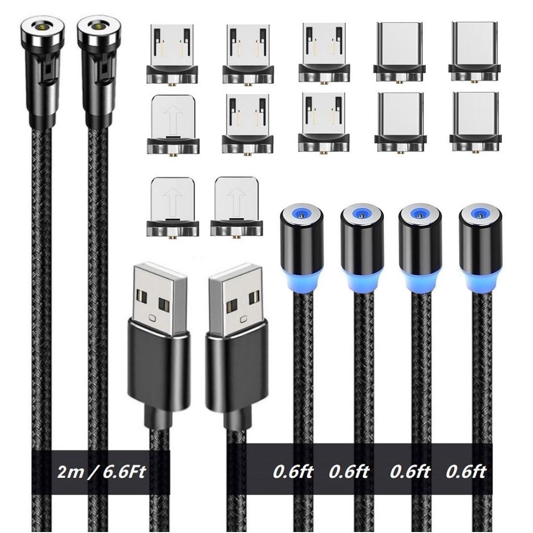 Magnetic Charging Cables, Magnetic Charging Tips 3in1 540 Rotation Cable Sets for Smartphones (0.6ft+6.6ft)/Black/3in1, 6pcs