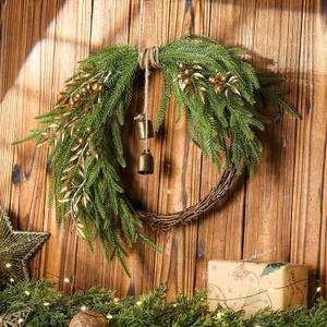Dingion Small Norfolk Pine Christmas Wreath 11.8 in Christmas Kitchen Cabinet Norfolk Pine Wreath Mini for Front Door Artificial Farmhouse Rustic Xmas Decor for Window Fireplace Table Wall(Exquisite)