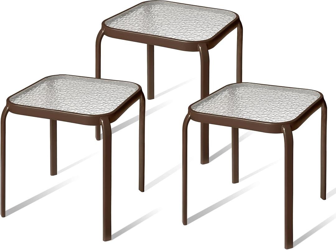 Bronze Metal Outdoor Side Table with Tempered Glass Top Set of 3 Elegant Small 16" Square Patio Table Durable Weather-Resistant Coffee Bistro Accent End Table for Outside and Garden