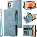 RANYOK Wallet Case Compatible with iPhone 12/12 Pro (6.1 inch), Premium PU Leather Zipper Flip RFID Blocking Wallet with Wrist Strap Magnetic Closure Built-in Kickstand Protective Case - Baby Blue