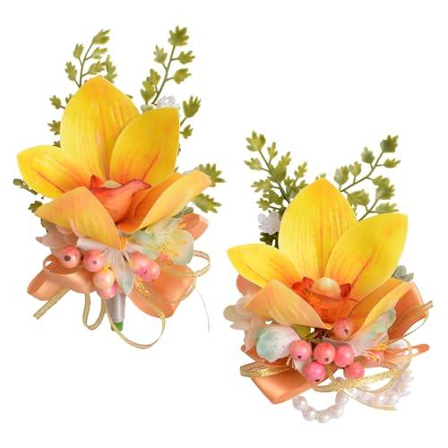 URROMA 2 Pcs Light Yellow Corsage Wrist Flower Set Artificial Hand Flower and Boutonniere Set for Homecoming Graduation Prom Bridal Wedding Party