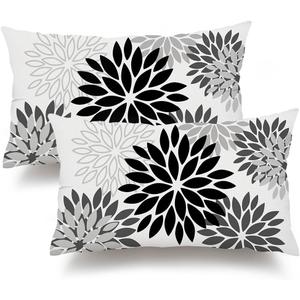 DFXSZ Black Grey Flower Pillow Covers 12x20 Inch Set of 2 White Gray Colored Throw Pillows Outdoor Waterproof Decor for Living Room Sofa Patio Funiture Garden Floral Polyester Pillow Covers 002I12