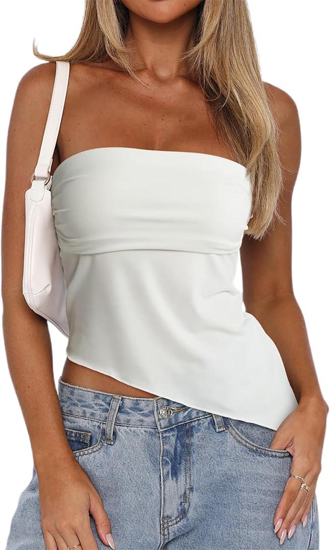CSDAJIO Asymmetrical Tops for Women Ruched Side Long Tube Top Strapless Bandeau Top Summer Going Out Backless Shirt (White, XL)