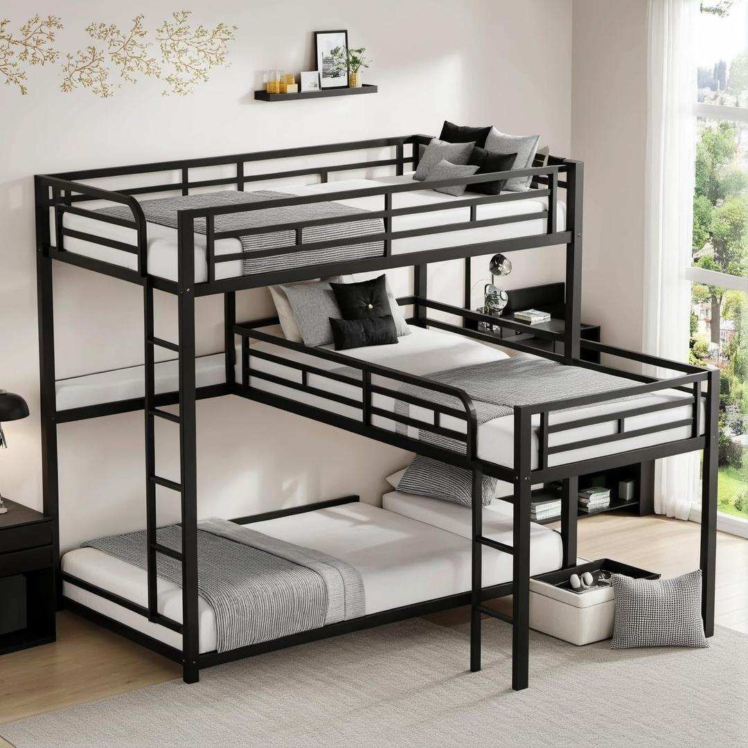 Triple Bunk Bed with Built-in Ladder and Full-Length Guardrails for 3 Kids,Metal L-Shaped Bunk Bed,Space Saving Design, No Box Spring Needed, Black (Twin)