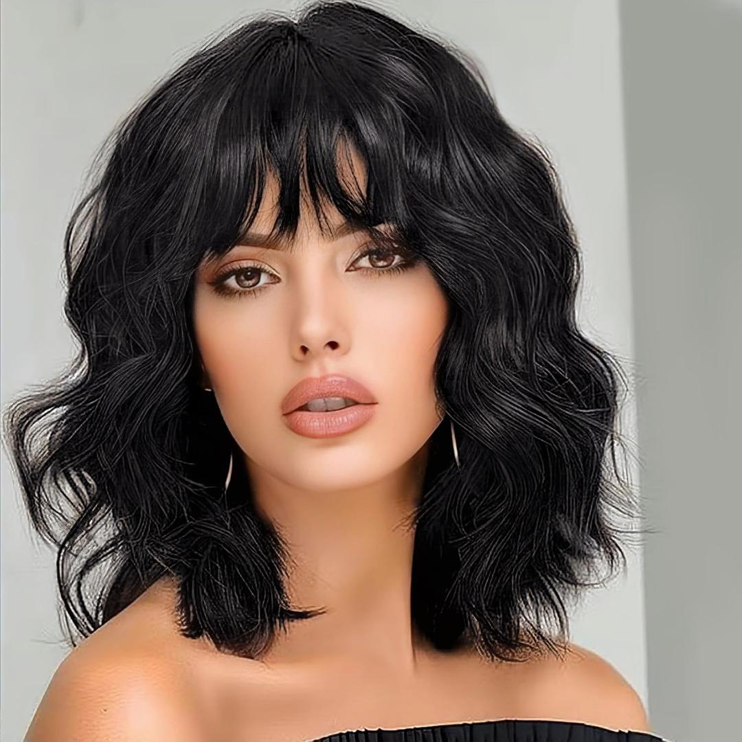 ENTRANCED STYLES Black Wig for Women Short Wavy Curly Bob Wigs with Bangs 14 Inch Medium Length Synthetic Chic Hair for Daily Party Wear
