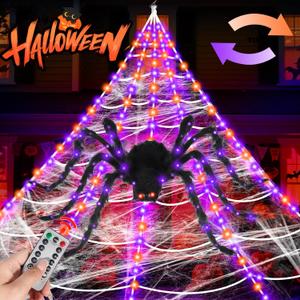 Halloween Spider Web Decoration Outdoor 200 LED 16.4FT Spider Web Lights with 59" Light Up Giant Spider 8 Lighting Modes Waterproof for Party Garden Home Costumes Yard Haunted House Dcor