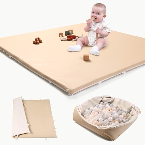 Hikiddy Baby Play Mat for Floor: 2-in-1 Foldable Foam Mat & Ball Pit - 1.2inch Thick Vegan Leather Padded Floor Mat - 47x47 Waterproof Playmat - fits 50x50 Playpen for Infants Baby Girls Boys