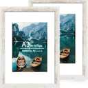 A3 Frame Set of 2, Distressed White Wood Style - Display Pictures A4 with Mat or 11.7x16.5 without Mat, Wall Mounting Horizontal and Vertical