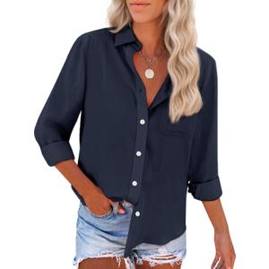 Womens Button Down Shirts Cotton Dress Shirts Oxford Shirts Long Sleeve Work Blouses Collared Tops Tunics with Pocket (Medium, Navy Blue)