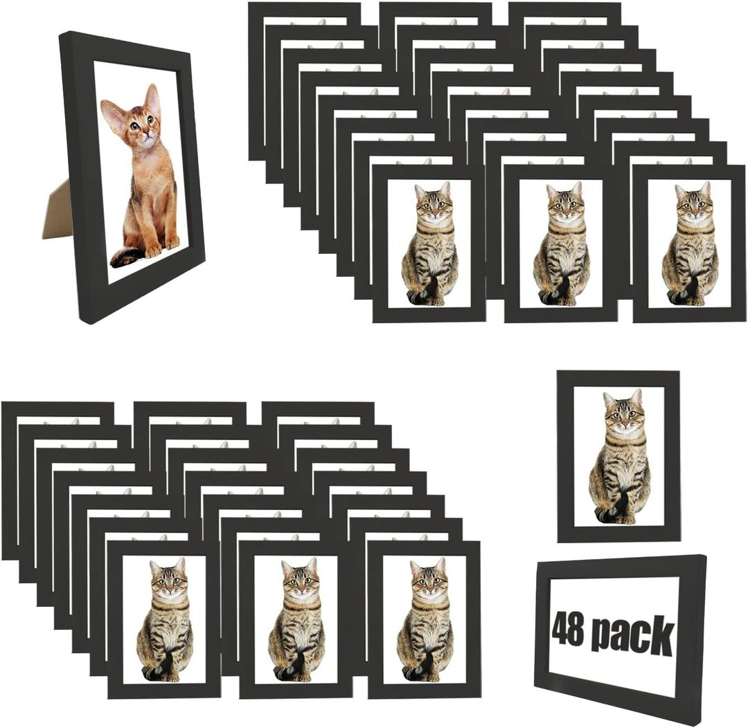 WHEATHUSK 4x6 Picture Frame Bulk Set of 48 Black Photo Frames Display 4x6 Photos Gallery Wall Photo Frames Simple Wooden Multi Picture Frames for Wall Mounting or Tabletop