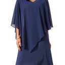 Seta T Women's Fall Dresses 3/4 Sleeve V Neck Chiffon Cape Overlay Knee Length Pencil Dress for Wedding Guest (X-Large, Dark Blue)