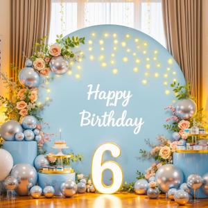7.2 ft Baby Blue Round Backdrop Cover with Lights Circle Arch Backdrop Cover with Fairy Lights for Baby Shower Boy Birthday Party Wedding Bridal Shower Photography Photo Shoot Background Decorations