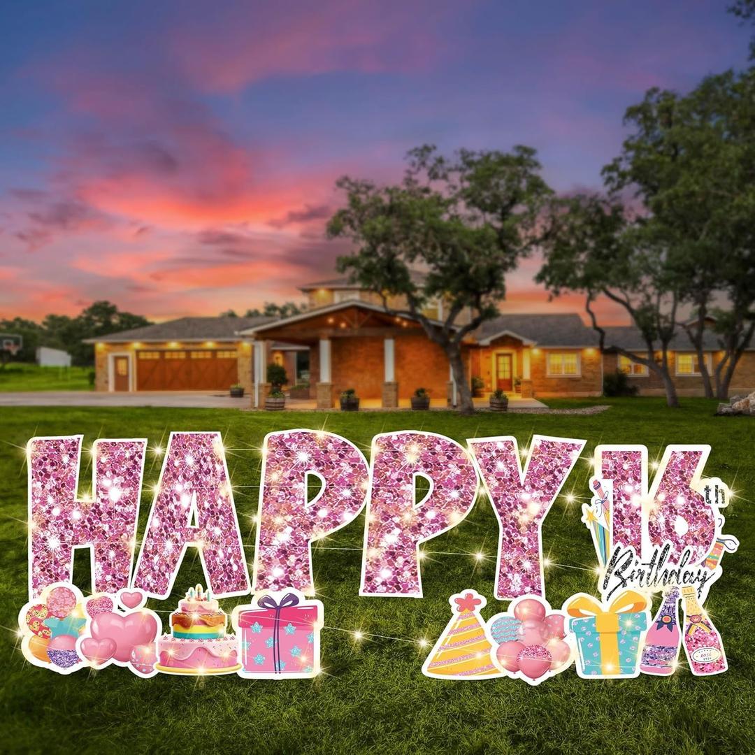 Hahood 14 Pieces 16th Happy Birthday Yard Signs with Stakes Large Happy Birthday Sign with String Light Plastic Waterproof Birthday Outdoor Lawn Sign for Garden Birthday Decorations Party Supplies