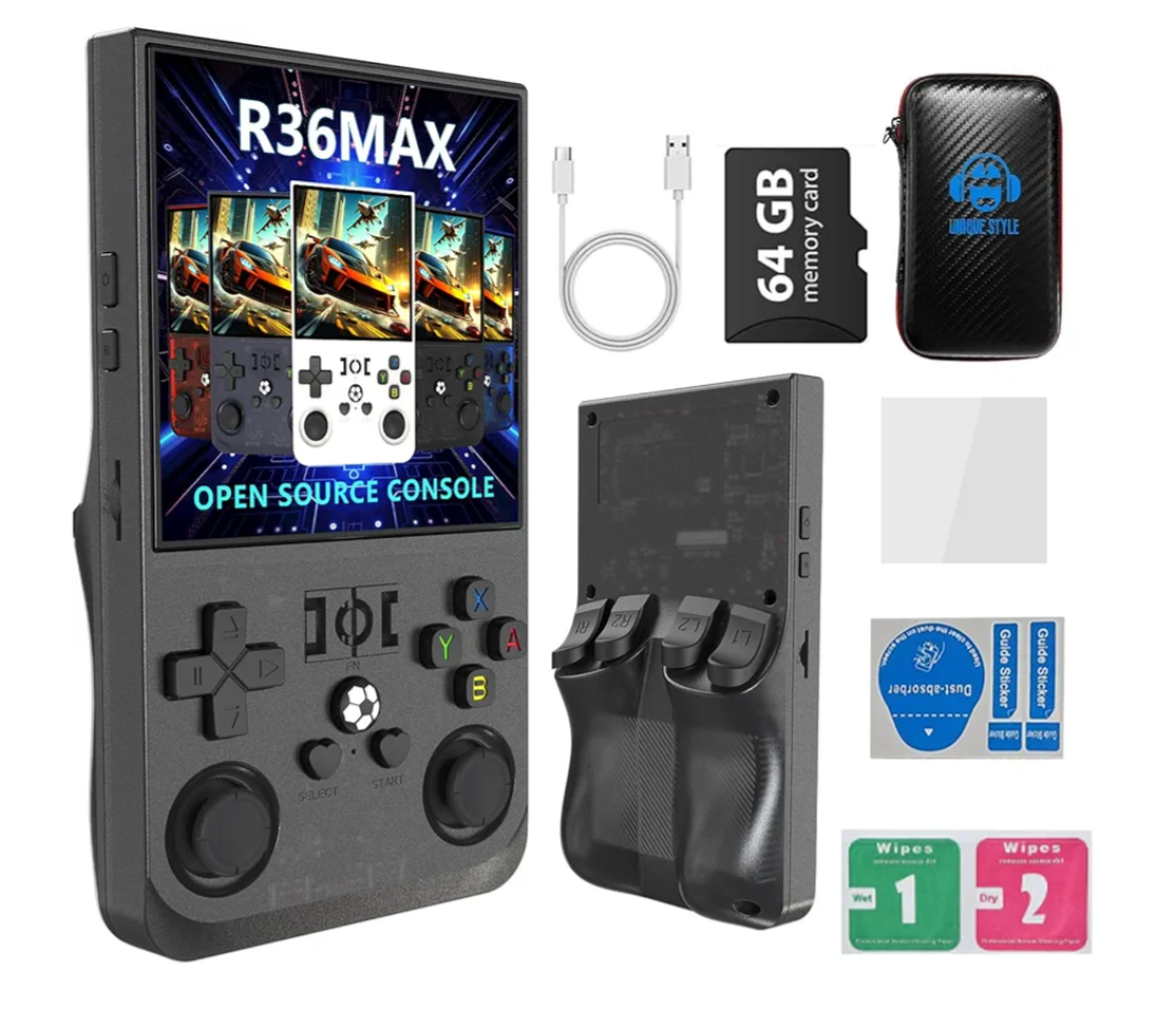 R36MAX 4000mAh Portable Rechargeable Handheld Retro Game Console,Comfort Non-Slip Handheld Standing Retro Game Console with 64G TF Car,4.0-inch Screen,for Office,Blue