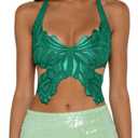 JUMISEE Women Sparkly Rhinestone Butterfly Crop Top Sexy Satin V Neck Bakless Lace Up Cami Tank Top for Rave Festival (S)