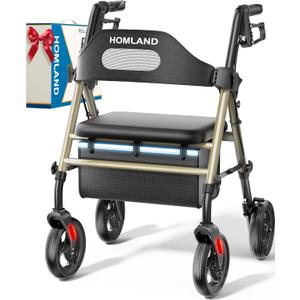 HOMLAND Foldable Rollator Walkers with Seat for Seniors, 8'' Big Wheels, 350 lb. Weight Capacity, Adjustable Handles and Seat Height, Lightweight Rolling Walker, Champagne Gold