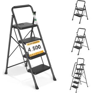 Arbusb Step Ladder, Folding Step Stool with Wide Anti-Slip Pedals, Sturdy Steel Ladder with Handrail, Space-Saving, Portable for Home & Adults, 4 Step Ladder