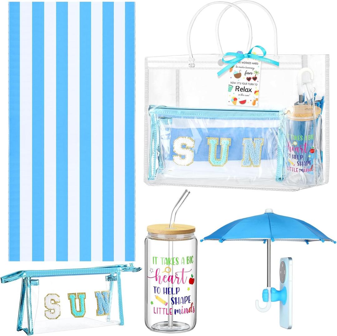 Remerry 6 Pcs Teacher Appreciation Gifts Summer End of School Year Teacher Beach Gifts Set Include Beach Towel Glass Cup Sun Makeup Bag Phone Umbrella Thank You Gift Bags Tags with Rope(Blue)