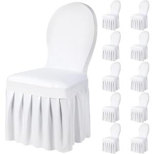 Oudain 10 Pcs White Chair Covers with Skirt Spandex Chair Slip Covers Wedding Long Stretch Protectors Removable and Washable for Dining Chairs Hotel and Wedding Ceremony