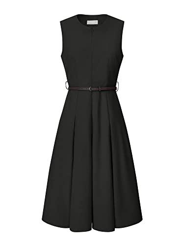 Hobemty Women's Sleeveless Dress Zip Up Belted Fit & Flare Work Dresses X-Large Black