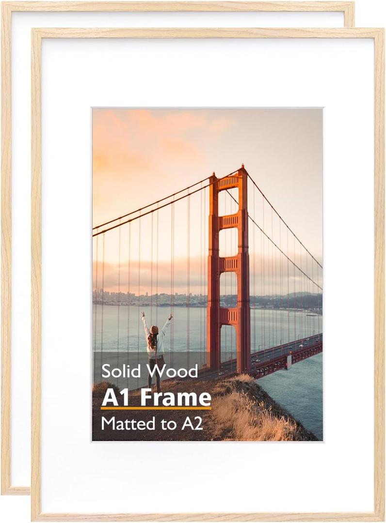 KINLINK A1 Picture frame Natural Wood, Solid Wood frame with Acrylic Plexiglass for Pictures A2 with Mat or A1 without Mat, Wall Mounting Display, 2 Pack