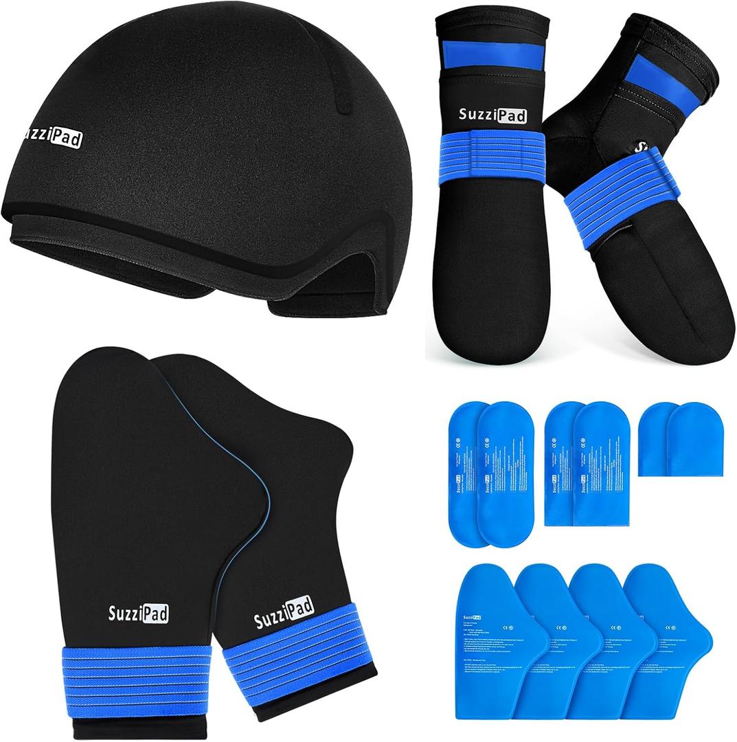 SuzziPad Ice Pack Stress Relief Cap & Cooling Socks & Cold Gloves for Chemotherapy, Comfort Items for Chemo Patients, Smoothe discomfort for feet, Head and Hand, S/M