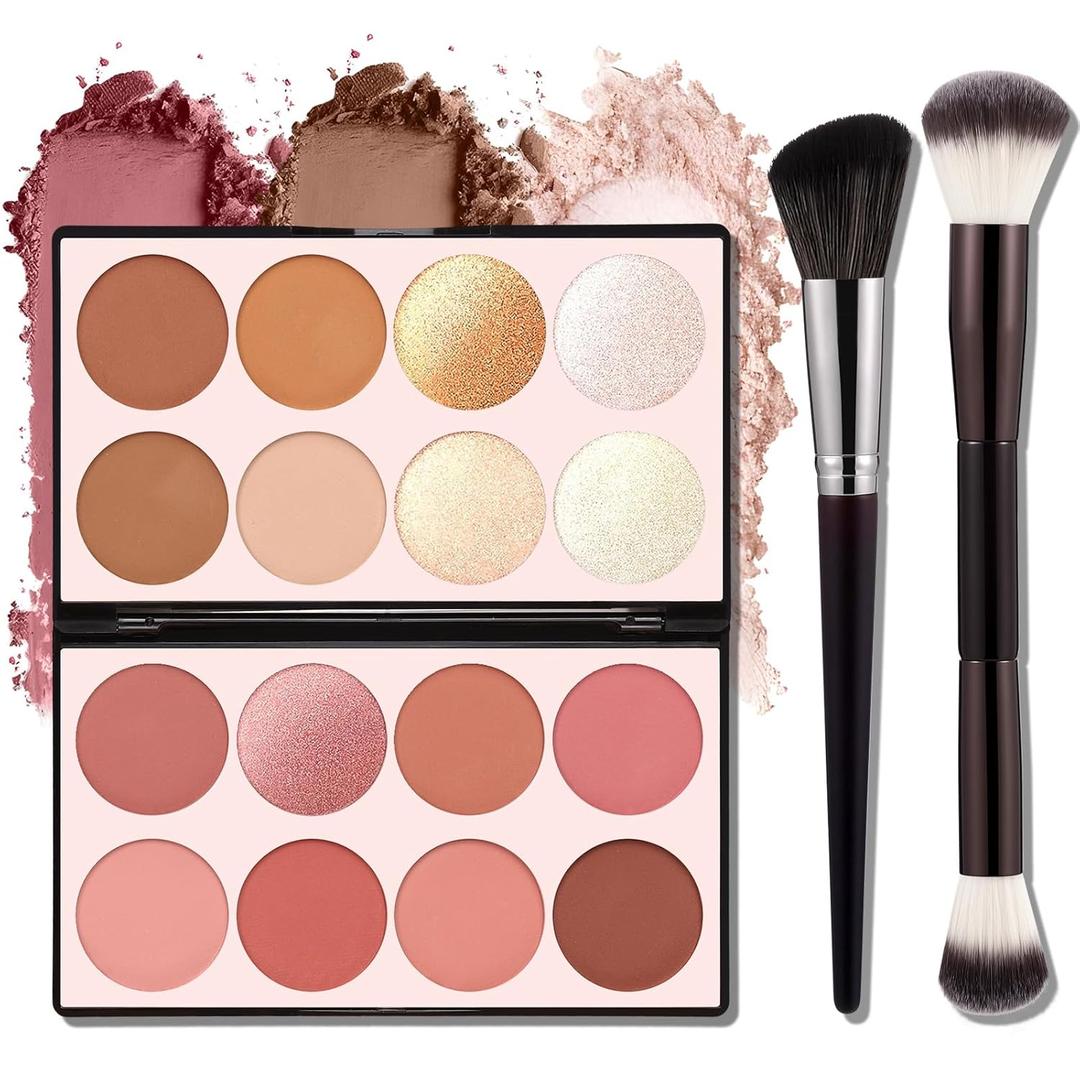 16 Color Contour Palette Makeup with 2 Brushes - Blush Highlighter Bronzer All-in-One Makeup Palette Contour Set - Face Cosmetics Gift, Holiday Beauty for Women (SET2)