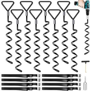 Trampoline Stakes Ground Anchors Screw in, Trampoline Anchors with Strong Straps, Spiral Earth Swing Set Anchor Heavy Duty for Trampolines(Black-8Pack)