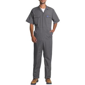 HISEA Men's Short Sleeve Zip Up Coverall, Twill Stain & Wrinkle Resistant Mens Work Coverall with Multi Pockets (Gray)