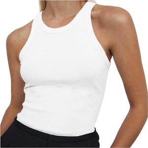 Women's Sleeveless Full Length Ribbed Fitted Racerback Crew High Neck Basic Tank Top
 S