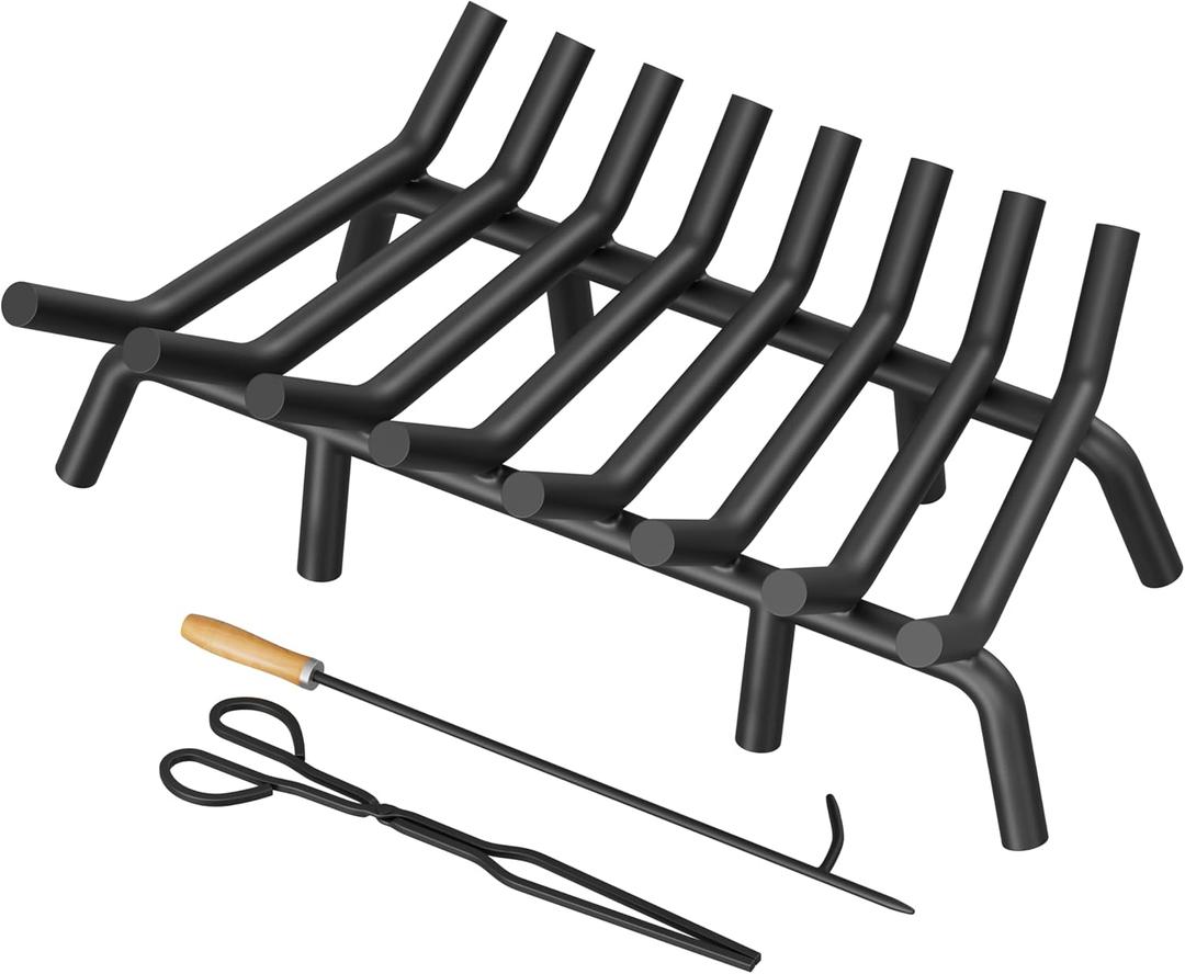 Jusgym Fireplace Grate 30 Inch with 8 Support Legs, Round Solid Steel Heavy Duty Fireplace Log Holder with Fire Tongs & Poker, Fireplace Log Grate for Indoor Fireplace and Outdoor In-ground Firepit